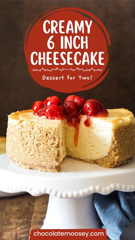 This Creamy 6 Inch Cheesecake is a delicious dessert for two, ideal for any occasion. Garnish with cherry pie filling, whipped cream, and more! This recipe is fairly easy to make, but there are some tips and tricks to ensure the perfect 6 inch cheesecake - click over to the blog to get all the details! 6 Inch New York Cheesecake, Dry Cheesecake Recipe, Cheesecake Recipes 16 Oz Cream Cheese, 6 In Cheesecake Recipe, Regular Cheesecake Recipes, 6in Cheesecake Recipe, Cheesecake Recipes No Crust, Cheesecake Recipes For Two, 6” Cheesecake Recipes