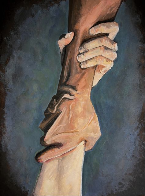 Painting Of Hands Reaching, Hands Holding Onto Each Other, Hope Themed Art, Painting Of Hands Holding, Realistic Hand Painting, Thermal Hands Art, Oil Paint Hands, Painting On Friendship, Hands Holding Painting