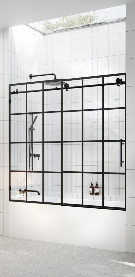 Glass Tub Enclosure, Bathtub With Glass Door, Glass Shower Tub, Tub With Glass Door, Bathtub Shower Door, French Bathroom Decor, Glass Bathtub, Bathtub Enclosures, Black Shower Doors