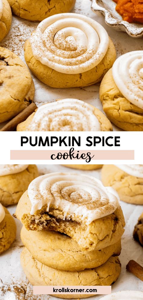 These Pumpkin Spice Cookies taste just like a cinnamon roll but packed with pumpkin and pumpkin pie spice in each bite. It's a Fall must make! Pumpkin Cream Cheese Pie, Cinnamon Roll Cookies, Pumpkin Pie Smoothie, Pumpkin Spice Cookies, Goodbye Summer, Cookie Spread, Roll Cookies, Fall Cookies, Drop Cookies