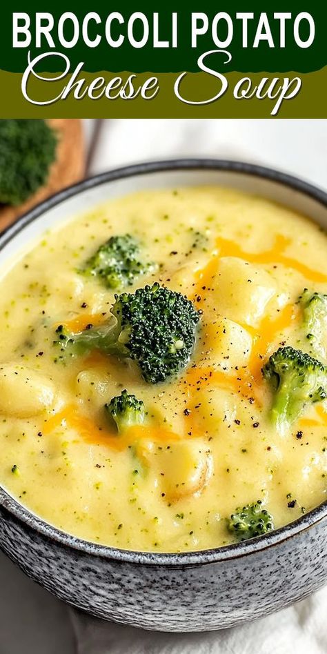 Craving a warm and comforting meal? Try this Broccoli Potato Cheese Soup recipe! Made with fresh broccoli, tender potatoes, and rich, melted cheese, it's the perfect creamy soup for chilly nights. ✨ Try this delicious recipe today and enjoy a bowl of warmth! ✨ 👉 Save this Pin for later, and don't forget to share it with your foodie friends! #BroccoliSoup #CheeseSoup #ComfortFood #SoupRecipes #HealthyDinnerIdeas #EasyMeals Crockpot Potato Cheese Broccoli Soup, Potatoe Broccoli Cheddar Soup, Broccoli Cheese Potato Soup Crockpot, Broccoli Mac And Cheese Soup, Potato Bacon Broccoli Soup, Brocolli Potato Soup Recipes, Recipe For Broccoli Cheese Soup, Winter Potato Soup, Potato Cheese Soup Recipe