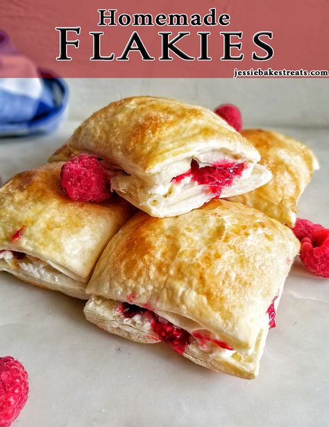 Puff pastry filled with a vanilla cream frosting and a raspberry compote. The popular childhood snack made at home from scratch. #puffpastry #flakies #homemadeflakies #easy #fromscratch #bakingmama #raspberry #raspberrycompote #vanillafrosting #recipe #simple Raspberry Cream Puff, Puff Pastry Recipes Dessert, Raspberry Pie Filling, Raspberry Compote, Pastries Recipes Dessert, Puff Pastry Cream Puffs, Puff Pastry Filling, Puff Pastry Desserts, Cookies Bars