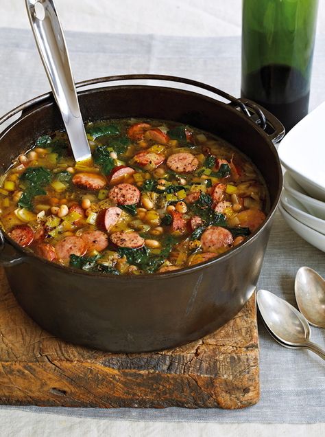 Hearty Bean, Kale, and Kielbasa Soup White Bean Kale, Kielbasa Soup, Fall Soups, White Bean Soup, Soup And Stew, Kielbasa, White Bean, Bean Soup, Food Stuff