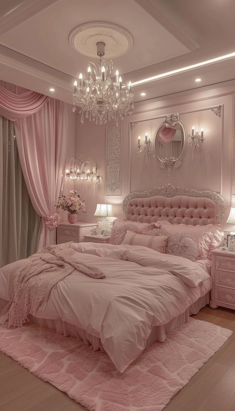 Feminine Elegant Pink Bedroom with Chandeliers and sconces and flowers. Adore the tufted headboard and monocormatic pale pink palette Girly Pink Bedroom, Bedroom 2024, Ideal Bedroom, Aquarius Art, Dream Bedroom Inspiration, Feminine Bedroom, Pink Bedroom Decor, Pink Room Decor, Dream Apartment Decor