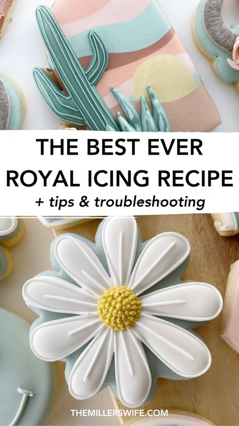 The Complete Guide to Royal Icing. Want to master royal icing? Check out our complete icing cookies guide, including cookie decorating tips, the best royal icing recipe, and making royal icing flowers. Learn how to decorate sugar cookies with royal icing! decorated cookies royal icing. Chloe Flower, Best Royal Icing, Sugar Cookie Recipe With Royal Icing, Easy Royal Icing, Best Royal Icing Recipe, Sugar Cookie Recipe For Decorating, Roll Out Sugar Cookies, Easy Royal Icing Recipe, Cookie Icing Recipe