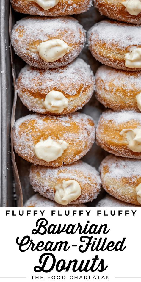 Bavarian Cream Donuts from The Food Charlatan. What's better than a soft, puffy Donut? A cream filled donut! Bavarian Cream Donuts are a classic for a reason. Fried dough rolled in sugar and filled with custard (Pastry Cream + whipped cream), they are a totally irresistible and decadent treat. I will show you exactly how to make them step by step! These are perfect to make for birthdays, holidays, or any lazy weekend where you feel like having a treat, or fun to make together with a group! Custard Filled Donuts Recipe, Cream Filled Doughnut Recipe, Cafe Dinner Ideas, Homemade Cream Filled Donuts Recipe, Filling For Donuts Recipes For, Cream Filling For Donuts Recipe, Bavarian Donut Recipe, Homemade Filled Donuts Recipe, Donut Recipes Fried