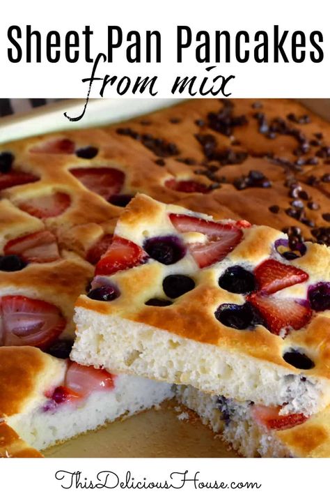 Pancakes In Pan, Pancakes In A 9x13 Pan, Muffin Mix Sheet Pan Pancakes, Sheet Pan Pancakes With Greek Yogurt, Pancake Mix Baked In Oven, Easy Brunch Recipes Simple, Pancake Mix Breakfast Casserole, Ways To Use Pancake Mix Recipes, Sheet Pan Pancakes With Aunt Jemima