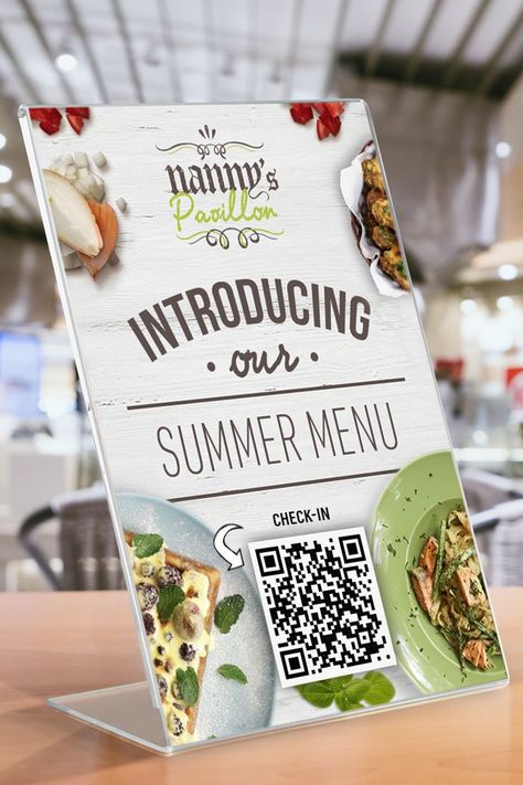 Angled acrylic sign holder on a restaurant tabletop displaying a QR code menu poster Restaurant Sign Design, Counter Signage, Restaurant Poster Design, Restaurant Posters, Standing Signage, Acrylic Sign Holder, Standee Design, Restaurant Poster, Point Of Sale Display