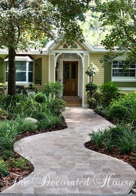 The Decorated House: ~ Paver Walkway, Curves Welcome! Paver Sidewalk To Front Door, Paver Walkways To Front Door, Brick Walkways To Front Door, Curved Pathway To Front Door, Curved Walkway To Front Door, Curved Path With Square Pavers, Curved Sidewalk To Front Door, Curved Front Sidewalk, Curved Front Walkway