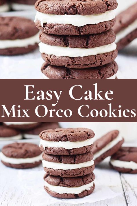 Easy Devil's Food Cake Mix Oreo Cookies 🍪🍫 Discover the joy of homemade Oreo cookies with a twist.   These cookies are made using Devil's food cake mix for an extra fudgy experience and filled with a creamy, easy-to-whip-up cream cheese frosting.   Ingredients like eggs, canola oil, and confectioner's sugar combine to create a soft, chewy treat that's a delicious alternative to store-bought cookies. Perfect for sharing or indulging on your own!   #CakeMixCookies #EasyDesserts #HomemadeOreos Devils Food Cake Oreo Cookies, Cake Batter Oreo Cookies, Homemade Oreo Cookies Devils Food Cake, Devil Food Cake Cookies, Devils Food Cake Cookie, Homemade Oreos Devils Food Cake, Devils Food Cake Mix Cookies Recipes, Cake Cookies With Cool Whip, Oreo Cake Cookies