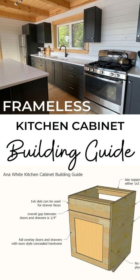 Want to build your own kitchen cabinets? Here's our process from start to finish, and links to all the tutorials and templates we use. #anawhite #anawhiteplans #kitchen #cabinets #diy #diykitchen Building Your Own Kitchen Cabinets, Lowes Stock Kitchen Cabinets Diy, Diy Frameless Cabinets, Kitchen Cabinet Deminsions, Cabinet Add Ons, How To Build Kitchen Cabinets, Homemade Kitchen Cabinets, Kitchen Cabinets Upper, Build Kitchen Cabinets