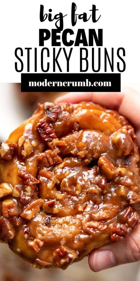 These pecan sticky buns are huge! Gooey and sticky soft caramel and pecans are swirled around fluffy cinnamon roll dough. The brown sugar and cinnamon smells are so inviting and cozy. Shareable Baked Goods, Bourbon Pecan Sticky Buns, Homemade Cinnamon Rolls With Pecans, Sticky Pecan Pull Apart Bread, Cinnamon Sticky Buns Recipes, Praline Cinnamon Rolls, Cinninom Rolls Recipe, Easy Pecan Sticky Buns, Apple Sticky Buns