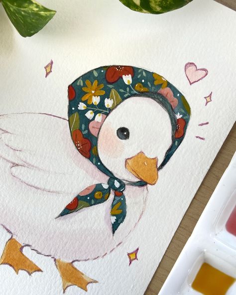 My small duck in a floral scarf 🌸 I’ve been painting some smaller pieces in watercolor lately, and I’m loving these animals with accessories 🎀 Also, I love ducks <3 Let me know what you think! . Últimamente estoy pintando algunas piezas más chiquitas y me pareció muy linda la idea de pintar animales con accesorios 🎀 Además que me encantan los patitos <3 ¿Qué opinan? #artoftheday #cuteanimals #cuteart #watercolorart #gouache #watercolorillustration #kawaiiart #duck #cuteducks #artofinstagram #... Watercolor Ideas Aesthetic, Cute Duck Drawing, Trash Journal, Watercolor Duck, Anime Watercolor, Disney Watercolor, Duck Painting, Flower On Head, Duck Drawing