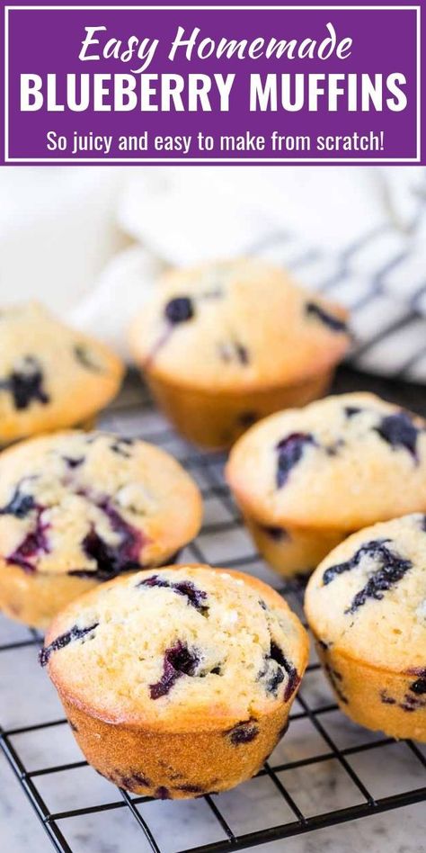 Easy Blueberry Muffins are super quick and simple to make from scratch! These homemade bakery-style muffins are bursting with fresh blueberries and make a great breakfast, school lunch, or after school snack. Can be made with fresh or frozen blueberries and keep moist for days! The end result are the BEST Blueberry Muffins! #BlueberryMuffins #MuffinRecipes Easy Homemade Blueberry Muffins, Frozen Blueberry Muffins, Fresh Blueberry Muffins, The Best Blueberry Muffins, Blueberry Muffin Recipe Easy, Bakery Style Blueberry Muffins, Homemade Blueberry Muffins, Homemade Bakery, Easy Blueberry Muffins