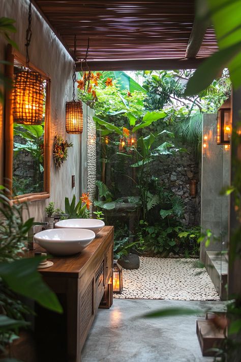 Transform your space with modern bathroom ideas inspired by nature! This tropical oasis features lush greenery, warm wooden accents, and ambient lighting to create a serene retreat. Perfect for relaxation and rejuvenation. #ModernBathroomIdeas #HomeDecor #BathroomDesign Modern Bathroom With Plants, Tropical Retreat House, Biophilic Design Bathroom, Hawaiian Houses Interior, Hawaiian Bathroom Ideas, Modern Hawaiian Interior Design, Tropical Minimalist Interior, Caribbean Bathroom, Modern Tropical Bathroom