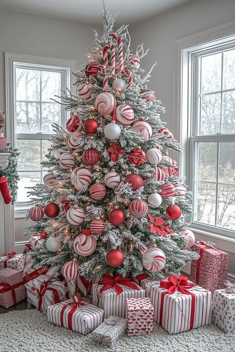 Holiday Creations | (NMP - Sharing Only) | Facebook White Red And Green Christmas Decor, Around Christmas Tree Decor, Red And White Candy Cane Christmas Tree Ideas, Christmas Tree Decorations White And Red, Christmas Tree In Red And White, Christmas Themes Colors, Classic Red And White Christmas Decor, Christmas Tree Corner Decor, Ideas For Christmas Decorations House