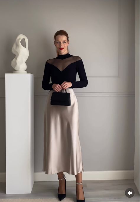 Silk Midi Skirt Outfit Formal, Christmas Party Outfits Satin Skirt, Satin Gold Skirt, Silk Skirt Outfit Classy Wedding, Silk Skirt Maxi, Formal Satin Skirt Outfit, Satin Skirt Evening Outfit, Satin Skirt Elegant Outfit, Satin Skirt Wedding Guest