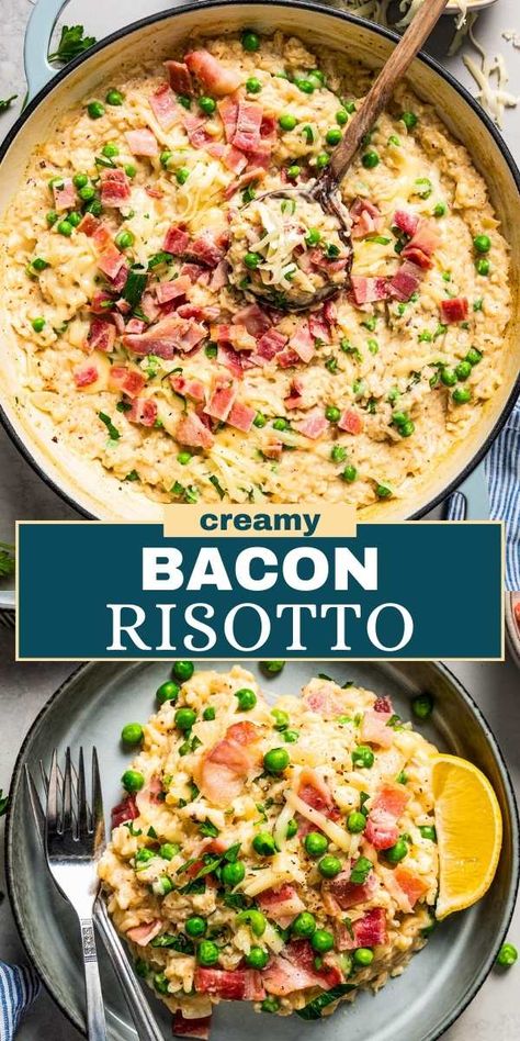 Microwave Chicken Recipes, Bacon Risotto, Pea Risotto, Risotto Recipes Easy, Risotto Dishes, Risotto Recipe, Fried Shallots, Roast Chicken Recipes, Risotto Recipes