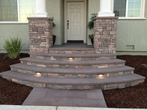 Entry way Concrete Stairs Front Door, Front Porch Steps Ideas Entrance Modern, Front Yard Stairs Walkways, Front Entry Steps Ideas, Stairs Design Outdoor Front Entry, Front Door Step Ideas, Back Entrance Ideas, Wide Front Porch Steps, Entrance Ideas Outdoor