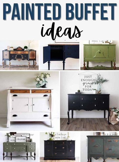 Sideboard Painting Ideas, Diy Painted Buffet Ideas, Buffet Table Painting Ideas, Oak Sideboard Makeover, Painted Vintage Buffet, Painted Credenza Ideas, Refinished Buffet Cabinet, Refinish Buffet Cabinet, Paint Buffet Cabinet