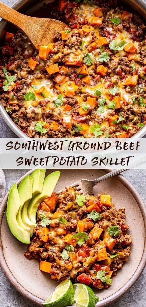 Southwest Ground Beef, Beef And Sweet Potato Skillet, Beef And Sweet Potato, Sweet Potato Skillet Recipes, Potato Skillet, Sweet Potato Skillet, Shepards Pie, Recipe Vegetarian, Health Dinner