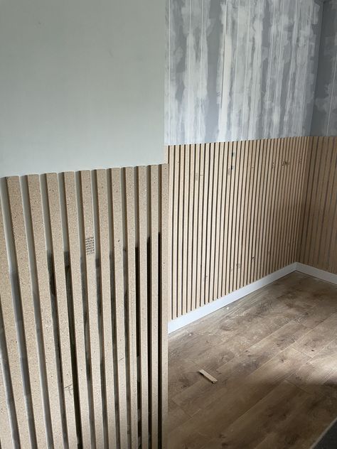 Vertical Wooden Panelling Walls, Small Bathroom Slat Wall, Wood Slat Bathroom Vanity Diy, Half Slated Wall, Diy Wood Slat Half Wall, Half Wall Slats, Slat Wall Hallway Ideas, Slat Wall Chair Rail, Wood Slat Half Wall Bathroom