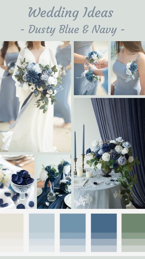 Blue and white is a perfect color palette for the bride who wants her wedding decor to feel light and airy. It gives us those gentle belle vibes and we absolutely love it! These colors are perfect for a seaside wedding. This color combination makes your event full of romance and sophistication, and it will help you to be eye-catching in your event. #Wedding #DustyBlueWedding #BlueWeddingTheme #BeachWedding #WeddingColorSchemes Dusty Blue Navy Wedding, Dusty Blue And Navy Wedding, Blue And Navy Wedding, Navy Wedding Decor, Dusty Blue Wedding Theme, Blue Navy Wedding, Dusty Blue And Navy, Blue Wedding Theme, Wedding Color Schemes Blue