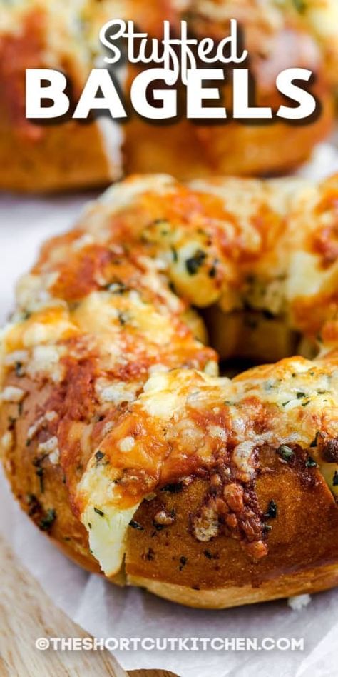 stuffed bagels with text Bagel Dinner Recipes, Bagel Garlic Bread Air Fryer, Cream Cheese Stuffed Garlic Butter Bagels, Recipes Using Bagels, Bagel And Cream Cheese Ideas, Recipes With Bagels, Stuffed Bagels Recipe, Flavored Bagels, Bagel Recipe Ideas