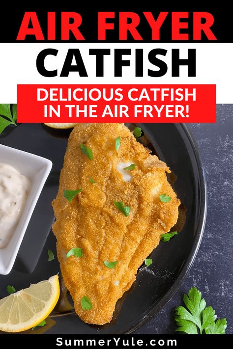 How long does catfish go in the air fryer? You can air fry catfish in only 9-12 minutes with this easy recipe! Air frying is the best way to cook catfish when you want a crispy, crunchy coating without lots of added oil. Get the best catfish breading recipe (it’s only 3 ingredients!), air fryer catfish temperature, and more! You’re going to love how easy this air fryer catfish recipe is! Catfish In Air Fryer, Air Fryer Cat Fish Recipes, Catfish Recipes Air Fryer, Air Fry Catfish, Catfish Filets Recipes, Air Fryer Fish Recipes Catfish, Air Fryer Catfish, Air Fried Catfish Recipe, Catfish Breading Recipes