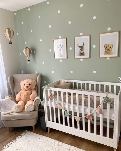 Hardwood Floor Nursery, Small Cozy Primary Bedroom, Nursery Ideas Light Green, Muted Green Nursery, Grey And Sage Nursery, Baby Room Neutral Colors, Nursery Room Inspiration Green, Neutral Baby Room Colors, Sage Nursery Ideas