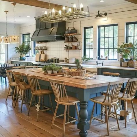 Kitchen Island Seats 10, Large Kitchen Island With Bench Seating, Large Kitchen Island With Seating Rustic, Kitchen Island With Eating Table, Large Farmhouse Kitchen Layout, Harvest Table Island, Open Concept Kitchen Island, Kitchen Layout Ideas With Island Large, Island With Dining Table Attached