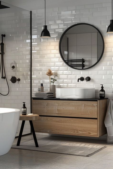 Create a clean, streamlined look with modern bathrooms featuring sleek lines and monochrome decor. Click here for more inspiration. Simple Modern Bathroom, Terrazzo Countertop, Black Modern Bathroom, Navy Blue Tile, Concrete Vanity, Monochrome Bathroom, Monochrome Decor, Stone Accent Walls, Modern Bathroom Ideas