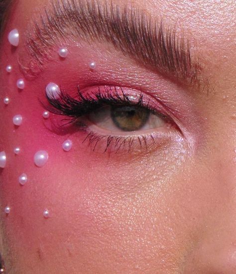 Gems On Face Ideas, Pink Makeup With Pearls, Pink Jewel Makeup, Glittery Pink Makeup, Pink Drag Makeup, Pink Sparkle Makeup, Vampire Bride, Rhinestone Makeup, Rave Makeup