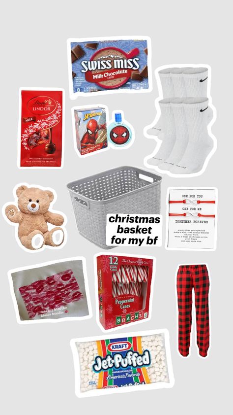 #christmas #basket #gift #bf #boyfriend Birthday Baskets For Boyfriend, Christmas Gift Bf, Bday Gift For Boyfriend, Boyfriends Birthday Ideas, Christmas Presents For Boyfriend, Making A Gift Basket, Christmas Ideas For Boyfriend, Girly Christmas Gifts, Cute Christmas Ideas