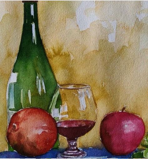 Still Life And Nature Drawing, Still Life Objects Painting, Life Still Painting, Watercolour Painting Still Life, Painting Of Glass Objects, Object Watercolor Paintings, Watercolor Still Life Simple, Water Colour Fruit Painting, Water Colour Still Life Drawing