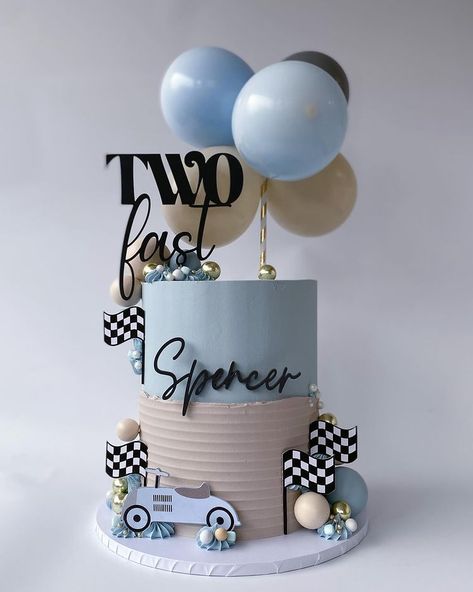 TWO FAST ✨ Another cutie for Spencer’s second birthday - love this theme 🏎️🩵 Inspo from @mamaloveshighstreet birthday party styling… | Instagram Two Fast Themed Birthday Party, Too Fast Cake Ideas, Too Fast Birthday Party Cake, Fast Two Birthday Theme, Growing Up 2 Fast Birthday Cake, Fast One Cake Ideas, 2nd Birthday Boy Party Ideas, Birthday Themes For Boys 2nd, 2nd Birthday Cake For Boy