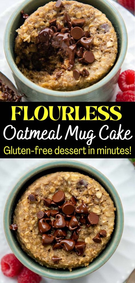 Looking for an easy gluten-free treat to make in minutes? Whip up this fluffy oatmeal cake in a mug with no flour required, only oats! Using my simple hack, stirring halfway through, means a light, fluffy, yet moist, texture every time! Oat mug cakes use simple ingredients, right in your kitchen, so you can enjoy this dessert (or breakfast) right now, in only 2 minutes! Oatmeal Bake Dessert, Mug Oatmeal Breakfast, Baked Oats In A Mug, Baked Oats Mug Cake, In A Mug Dessert, Microwave Mug Breakfast, Banana Oatmeal Mug Cake, Banana Oat Mug Cake, Mug Cake Recipe Healthy