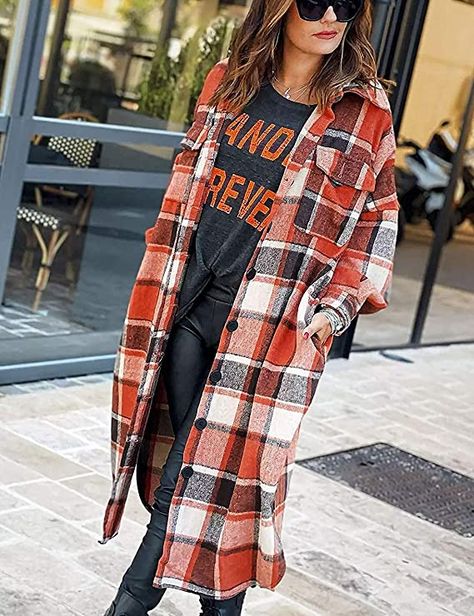 Peaceglad Women's Lounge Lapel Button Up Long Sleeve Plaid Long Shirt Jacket Shacket(Orange-Red,L) at Amazon Women’s Clothing store Preppy Granny, Long Plaid Coat, Plaid Trench Coat, Shirt Collar Styles, Plaid Sleeve, Loose Coats, Mode Boho, Long Trench Coat, Plaid Coat