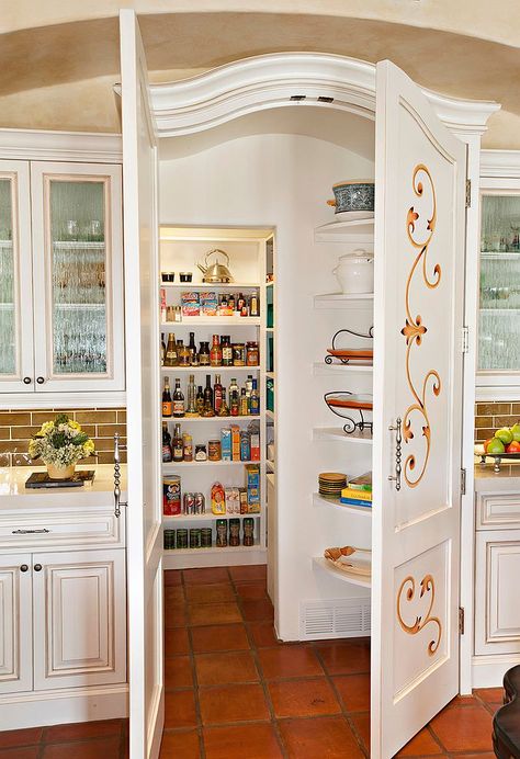 Perfect pantry doors for the modern Mediterranean kitchen with Spanish flavor Modern Mediterranean Kitchen, Colonial Remodel, Mediterranean Kitchen Design, Modern Pantry, Glass Pantry Door, Hidden Pantry, Perfect Pantry, Barn Style Sliding Doors, Mediterranean Kitchen