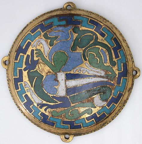 France. Made in Conques. Combat between dragon and dog (one of five medallions from a coffret), ca. 1110–30.  Copper-gilt, champlevé enamel. Dimensions: Overall: 3 9/16 x 1/2 in. (9 x 1.2 cm); Overall (with nail tangs): 3 7/8 x 1/2 in. (9.9 x 1.2 cm) Dragon Dog, Romanesque Art, France Culture, Hermitage Museum, Medieval Jewelry, Dragon Wings, Ancient Jewelry, Ancient Artifacts, Medieval Art