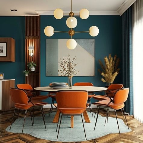 Teal Wall Dining Room, Mid Century Modern And Industrial, Teal Accent Wall Dining Room, Accent Wall Mid Century Modern, Mcm Accent Wall Living Room, Mid Century Style Interior, Midcentury Modern Color Palette Living Room, Mid Century Paint Colors Interior Design, Art Deco And Mid Century Modern