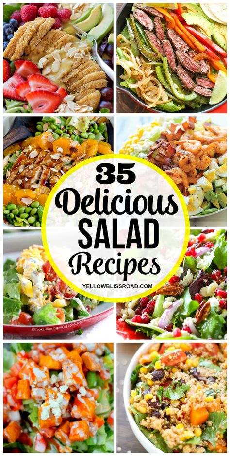 35 Delicious salad recipes that will inspire you in the kitchen and in the belly! From salads with chicken to salads with fruit there is something for everyone. Delicious Salad Recipes, Yellow Bliss Road, Diner Recept, Hearty Salads, Best Salad Recipes, Type Of Person, Yummy Salad Recipes, Colorful Salads, Noodle Salad