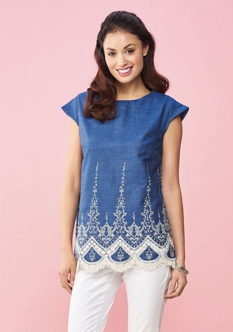 We're loving the lace trimmed chambray used for the Lori Top in the April issue of Sew! Riviera Style, Statement Outfit, Strapless Prom Dress, Flattering Tops, Cap Sleeve Top, Top Sewing Pattern, Bias Tape, Modest Wedding Dresses, Cream Lace