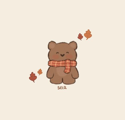 Bear with a scarf and some leaves Art Sketches On Ipad, Cute Fall Journal Ideas, Autumn Bear Illustration, Cute Easy Bear Drawing, Fall Items Drawing, Fall Drawing Wallpaper, Fall Stuff To Draw, Fluffy Bear Drawing, Cute Fall Art Drawings