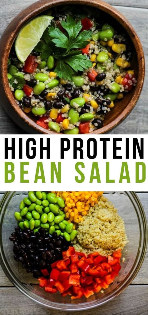 Quinoa Bowl With Edamame, High Protein Plants, Vegan Protein Meals Plant Based, High Protein Pescatarian Snacks, Plant Based Protein Salad, Black Bean Protein Bowl, Vegetarian Salads Protein, Meal Prep Black Beans, Meatless High Protein Lunch