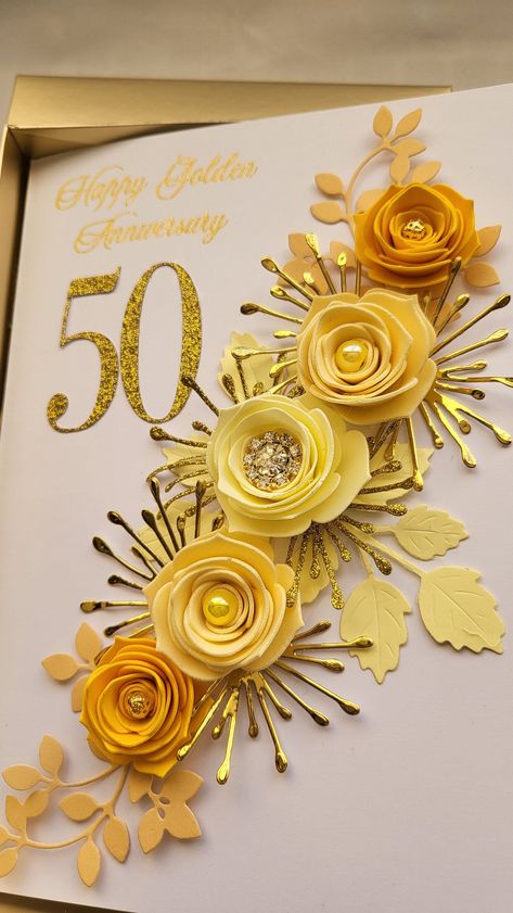 Golden Wedding Anniversary Card, Anniversary Cards Handmade, Wedding Anniversary Card, Golden Wedding Anniversary, Wedding Congratulations, Golden Anniversary, Golden Wedding, Wedding Anniversary Cards, Card Making Tutorials