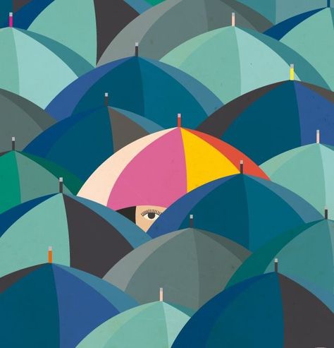 Emphasis is shown here by centering the focus of the piece.  It also makes the umbrella pop by using bright colors compared to the others shown.  This is also the only umbrella where the viewer can see part of the persons face. Principles Of Design Repetition, Principles Of Design Contrast, Rhythm In Design, Emphasis In Art, Repetition Art, Principals Of Design, Umbrella Illustration, Contrast Art, Orange Umbrella