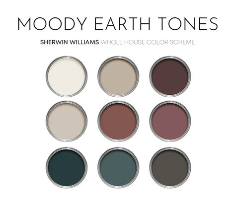 Moody Earth Tones Sherwin Williams Paint Palette, Interior Paint Colors for Home, Earthy Neutrals, Modern Paint, Urbane Bronze - Etsy Whole House Paint Scheme Jewel Tones, Newburg Green Benjamin Moore Color Palettes, Earth Toned House Decor, New England Brown Benjamin Moore, Benjamin Moore Martha's Vineyard, Stone Brown Benjamin Moore, Dark Academia Paint Colors Benjamin Moore, Vintage Wine Benjamin Moore, Benjamin Moore Barberry 1244