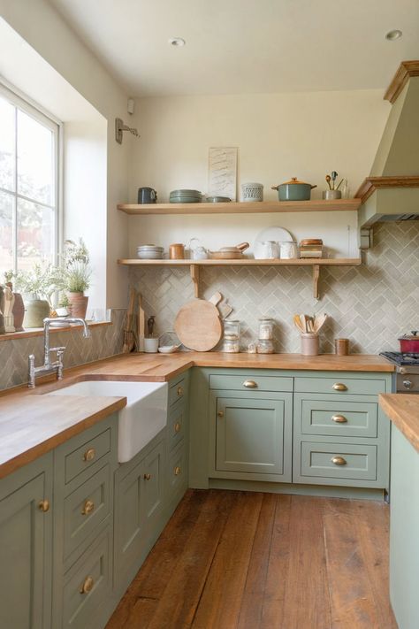 A modern kitchen featuring sage green cabinetry and a stylish herringbone tile backsplash. Small Sage Green Kitchen Ideas, Cottage Kitchen Sage Green, Sage Green Cabinets With Dark Countertops, Sage Green Cottage Core Kitchen, Kitchen Ideas Pine Cabinets, Pale Sage Kitchen Cabinets, Sage Green Kitchen Gold Hardware, Small Kitchen Remodel Green Cabinets, Sage And White Cabinets