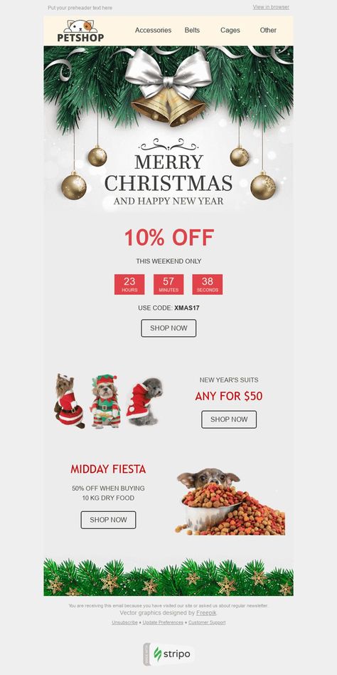 #Christmas #Email #Template "Holiday Spirit" for #Pets industry. Among our Christmas Email Templates, you'll find the one that meets your tastes and current needs best. Edm Marketing, Christmas Email, Mailing Design, Cv Inspiration, Holiday Emails, Ads Creative Advertising Ideas, Email Blast, Holiday Card Template, Email Template Design